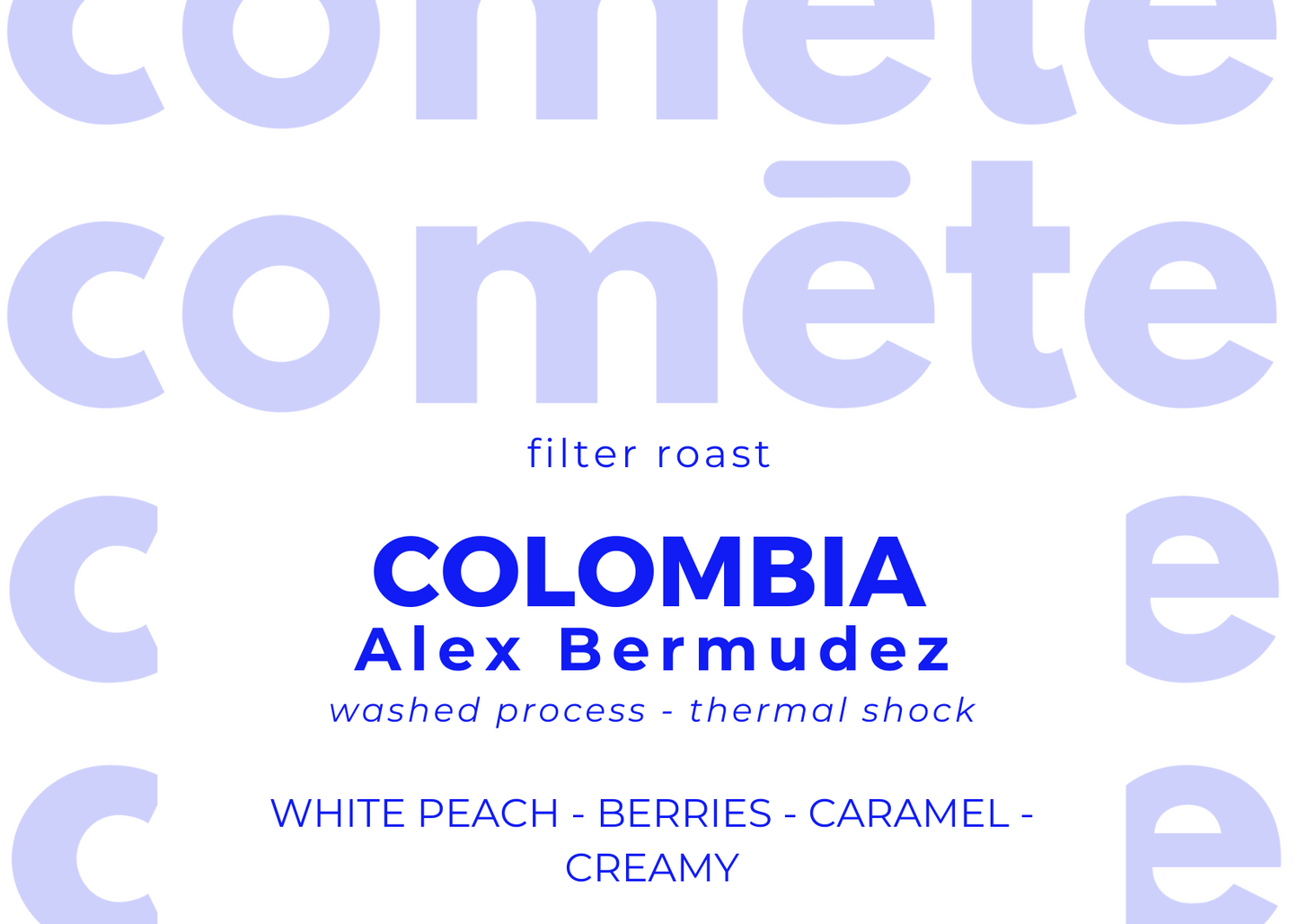 coffee beans from Colombia Alex Bermudez, washed thermal shock, white peach berries caramel creamy